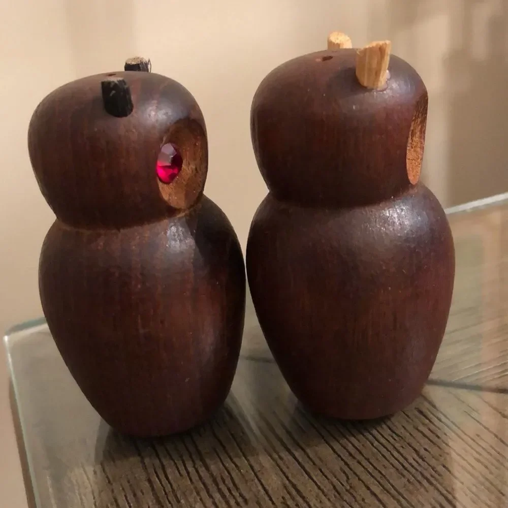 Vintage 1970’s Wooden Owl Salt & Pepper Shakers